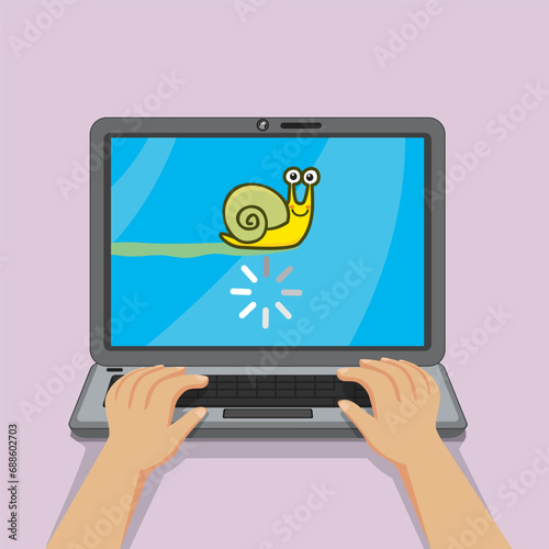
Male hands on computer keyboard loading something with problem snail loading on screen. illustration vector cartoon.