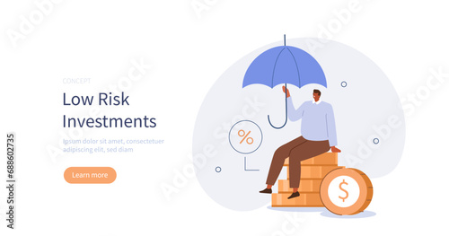 Low risk investments. Character opening savings bank account and receiving interest on deposit. Business and finance concept. Vector illustration.
