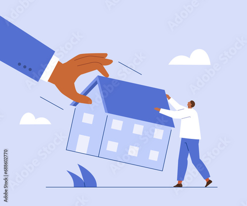 Housing crisis, property prices rising. Character not able to pay bank mortgage, rent, lease and lose home. Real estate market crash concept. Vector illustration.