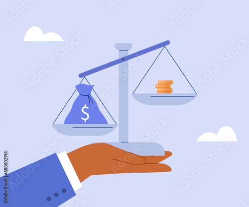 
Wealth inequality and poverty concept. Scales show income differences and gap between rich and poor. Flat vector illustration.