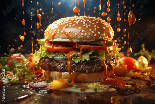 Juicy hamburger perfection cinematic. Generative AI