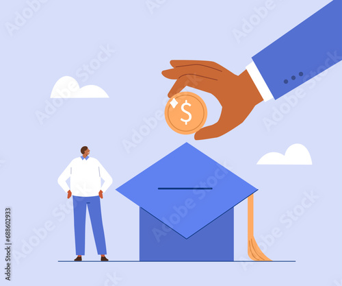 
Financial education. Student character investing money in education and knowledge. Personal finance management and financial literacy concept. Vector illustration.