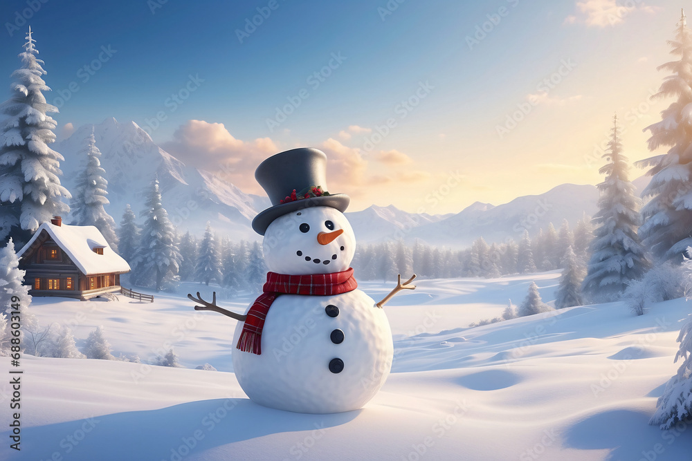 Obraz premium Snowman standing in Christmas landscape. A festive Christmas or snow background.
