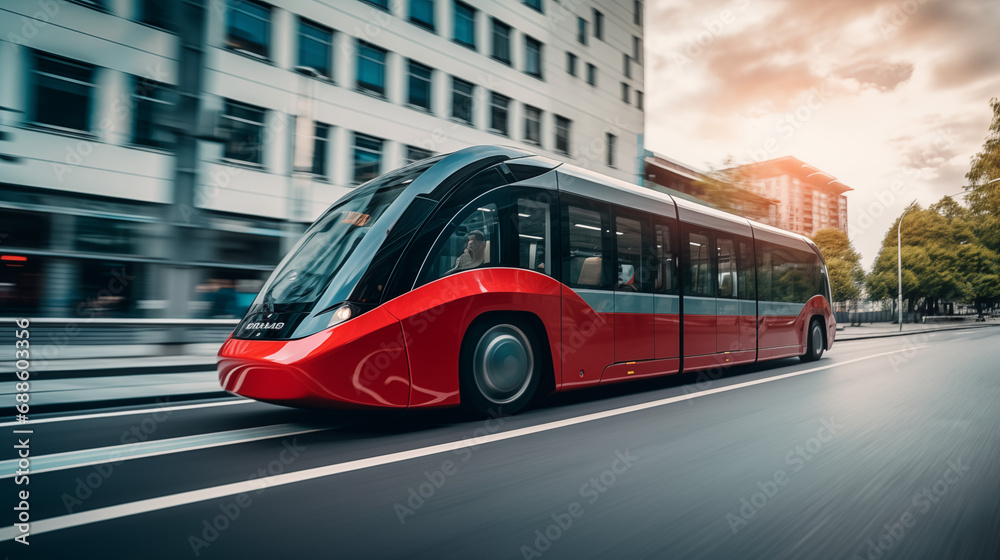 Futuristic Self-Driving Bus on a Modern City Street, Contactless  Induction Charging, Smart Public Transport, Green Urban Mobility, Sustainable City, Adaptive AI Powered Commuting, Autonomous Taxi Cab