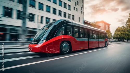 Futuristic Self-Driving Bus on a Modern City Street, Contactless  Induction Charging, Smart Public Transport, Green Urban Mobility, Sustainable City, Adaptive AI Powered Commuting, Autonomous Taxi Cab photo