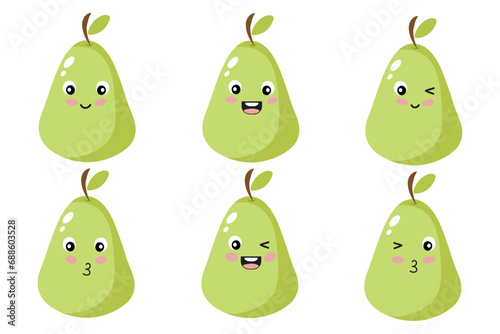 Green pear with kawaii eyes. Pear with different emotions. Flat vector illustration of green pear
on a white background. Educational cards for children