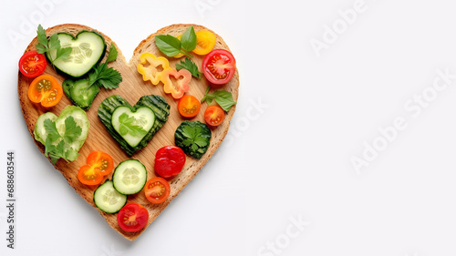 Festive delicious toasts with vegetables, heart-shaped, on a white background