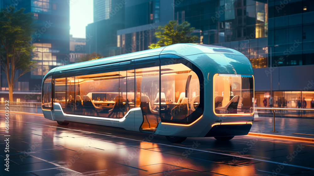 Futuristic Meeting Hall Vehicle Self Driving on a Downtown City Street, Mobile Restaurant, Office on Wheels, Electric Party Bus, Green Sustainable Transportation, Mobility for Business - obrazy, fototapety, plakaty 