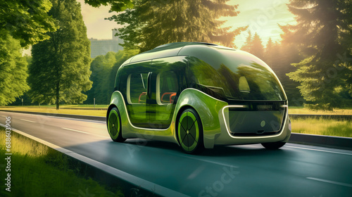 Futuristic Self-Driving Bus on a Route to Suburban Area, Smart Public Transport, Green Urban Mobility, Sustainable City, Adaptive AI Powered Commuting, Autonomous Taxi Cab © Mariko