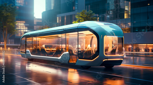 Futuristic Meeting Hall Vehicle Self Driving on a Downtown City Street, Mobile Restaurant, Office on Wheels, Electric Party Bus, Green Sustainable Transportation, Mobility for Business