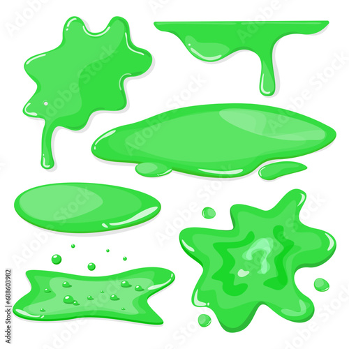 Green slime splatter set vector isolated. Illustration of green puddles of different shapes. Poisonous radioactive liquid.