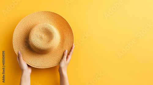 Female hands hold Summer straw hat