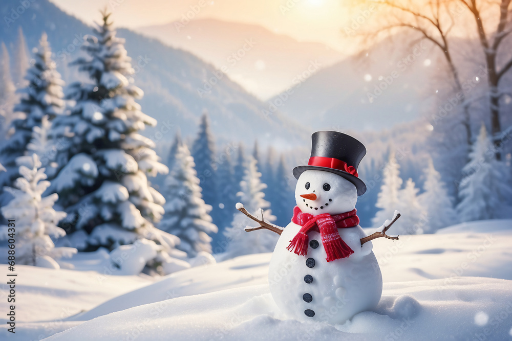 Snowman standing in Christmas landscape. A festive Christmas or snow background. Snowman standing in Christmas landscape. A festive Christmas or snow background.