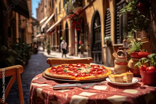 Yummi pizza served outdoors in Italian cafe at narrow street in old town
