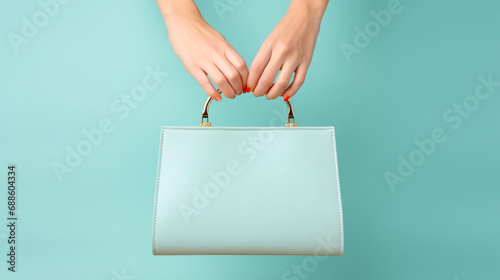 Female hands holds handbag on pink background