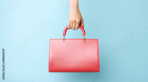 Female hands holds handbag on pink background