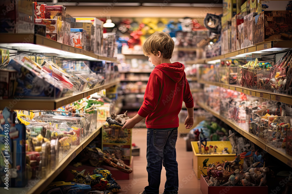 Young boy buying toys at the toy store - obrazy, fototapety, plakaty 