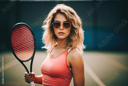 woman in glasses holds a tennis racket and ball, active sports game on the court