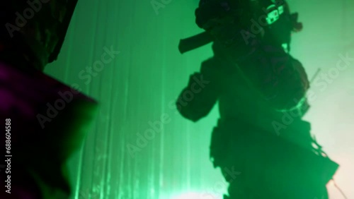 professional soldiers with weapons performing assault of building, active cinematic shot photo