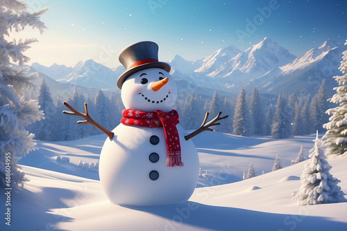 Snowman standing in Christmas landscape. A festive Christmas or snow background. © StockArtEmpire.AI