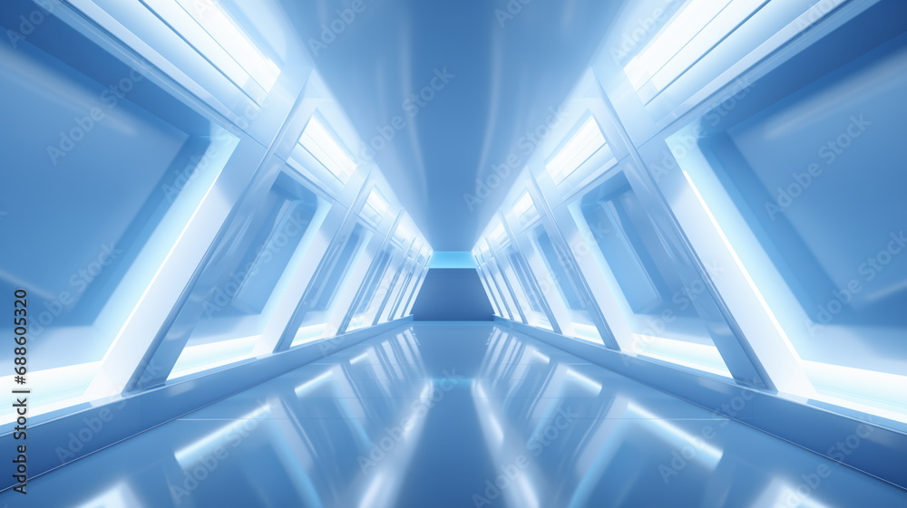 Fototapeta premium Corridor tunnel of space station ship, glowing futuristic panels of blue color, metal walls reflection of light. Podium stage long way. 3d render