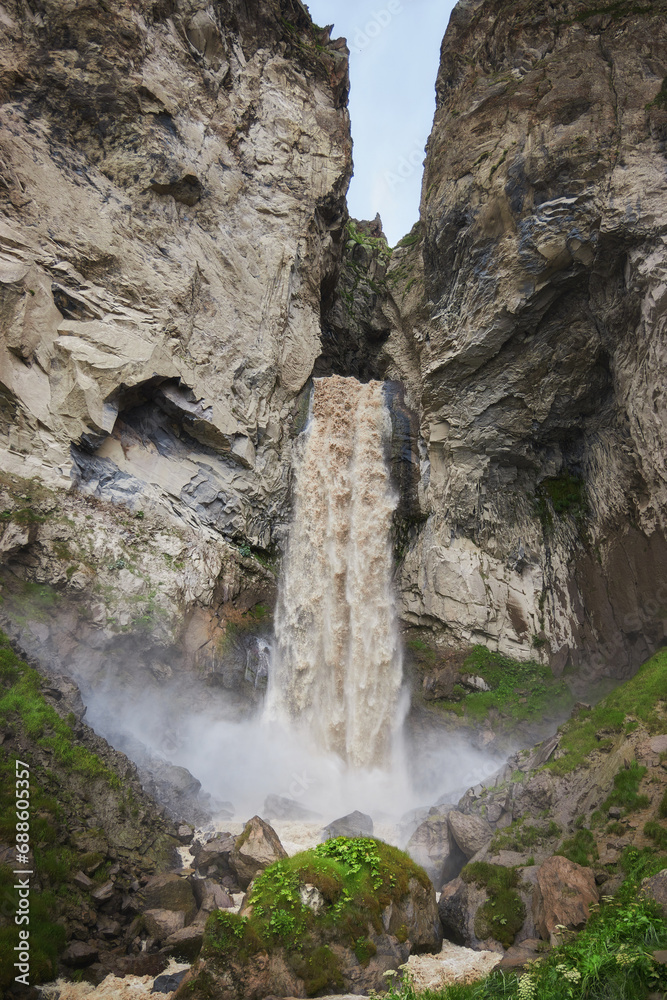 Jily-su tract, Syltran-su mountain waterfall, Elbrus, Caucasus. Thawed mountain waters of the river in summer, a stormy stream
