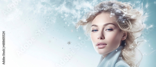 Young woman Girl in abstract snow and water drops Fashion spa salon advertising. Abstract fashion concept. 
