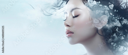 Young woman Girl in abstract  snow and water drops Fashion spa salon advertising. Abstract fashion concept.	