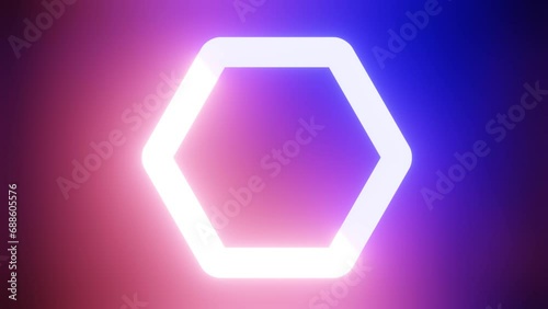 Abstract background with a hexagon with fast-moving light lines 2024. Futuristic neon hexagon as a seamless loop. Moving glowing neon lights for disco party	