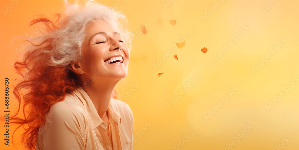 Fototapeta premium Peach fuzz color 2024 concept. Women face mouth. Model woman with red hair. Mature old lady close up portrait. Healthy face skin care beauty, skincare cosmetics, dental.