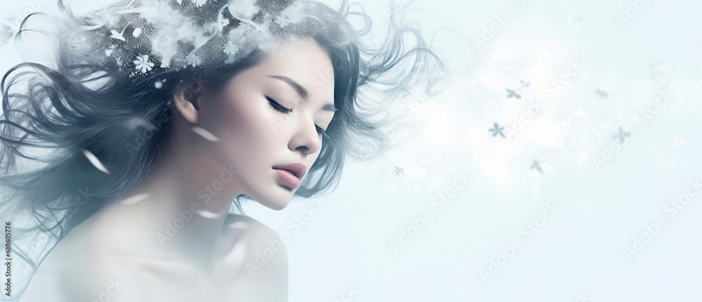 Young woman Girl in abstract snow and water drops Fashion spa salon advertising. Abstract fashion concept. Young woman Girl in abstract snow and water drops Fashion spa salon advertising. Abstract fashion concept.