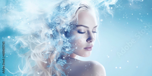  Young woman Girl in abstract snow and water drops Fashion spa salon advertising. Abstract fashion concept.