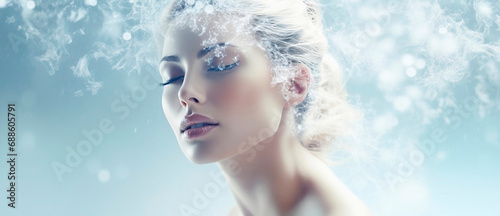  Young woman Girl in abstract snow and water drops Fashion spa salon advertising. Abstract fashion concept.