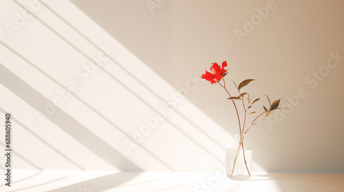 Mininal red twig in sunlight, soft shadow on white wall room,background photo