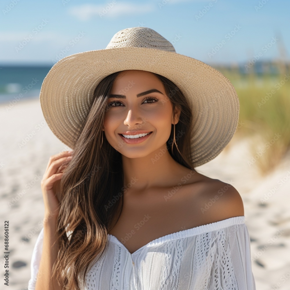 Portrait of a fashionable  woman wearing a white straw hat and standing on the beach. A young woman on vacation enjoys the sea wind while wearing a straw hat and looks at the camera.