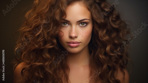 Portrait of a lovely young lady with long curly hair. Close-up of the face of a beautiful Caucasian model looking at the camera.