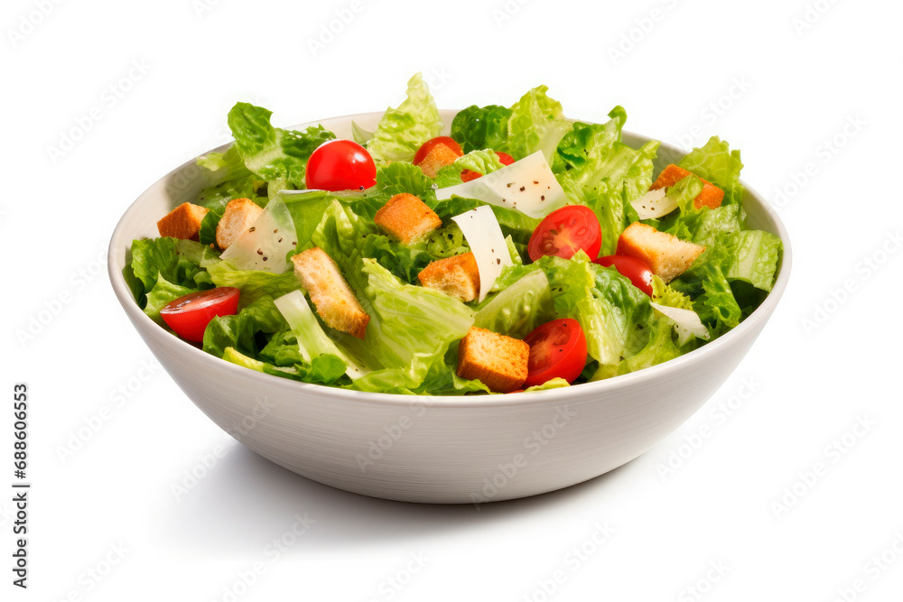 Traditional caesar salad with tomatoes lettuce,cruttons and cheese isolated on white background