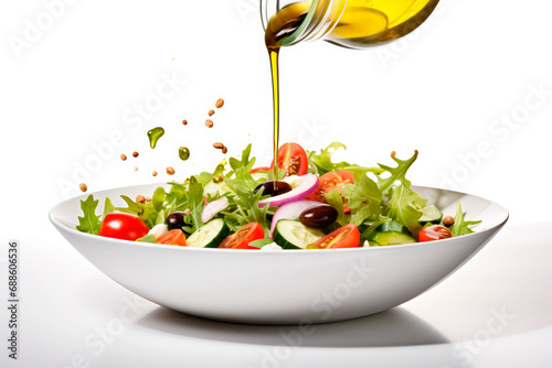 pouring olive oil in to healthy salad isolated on white background