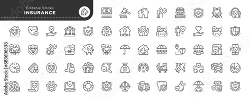 Set of line icons in linear style. Series - Insurance. Life, health, property, home and car accident insurance.Medical, transport and bank insurance. Outline icon collection. Pictogram and infographic photo