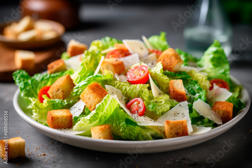Traditional caesar salad with tomatoes lettuce,cruttons and cheese on gray stone photo