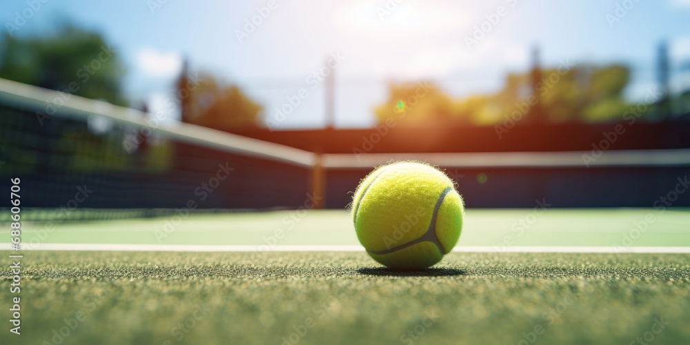 Competitive Sport Game. Tennis Green Court With Yellow Ball Closeup. Training, Match, Competition. Healthy Lifestyle