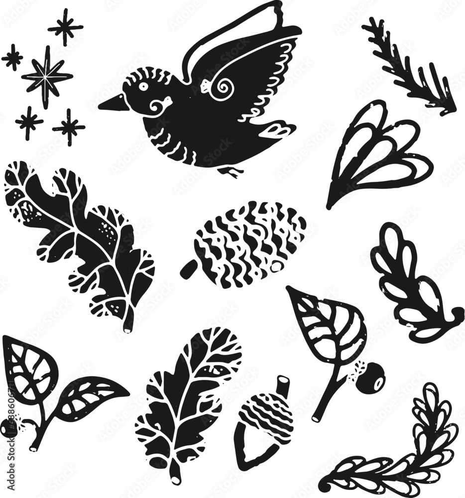 Bird in flight, leaves, pine cone, acorn, twigs, cartoon style, linocut, isolate. Vector set. Bird in flight, leaves, pine cone, acorn, twigs, cartoon style, linocut, isolate. Vector set.