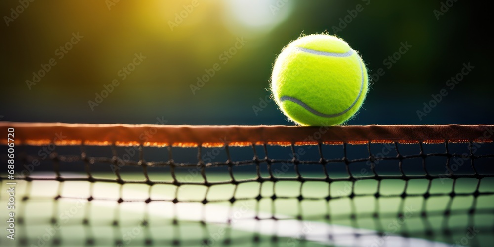 Tennis Match. Yellow Ball On Net on Tennis Court. Competitive Sport Background with Copy Space