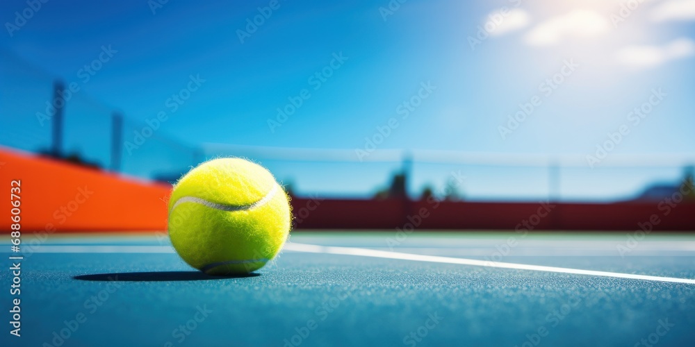 Blue Tennis Court With Yellow Tennis Ball Closeup. Sports Game Match At Sunny Day, Blue Sky On Background