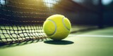 Tennis Green Court on the Sunny Day. Closeup of a Yellow Ball. Healthy Lifestyle and Outdoor Recreation