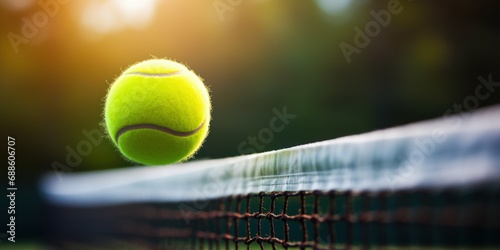 Tennis Ball Balance on Tennis Net Closeup. Sport Tournament. Competitive Match. Copy Space © sweet_mellow