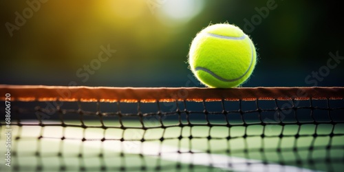 Tennis Match. Yellow Ball On Net on Tennis Court. Competitive Sport Background with Copy Space © sweet_mellow