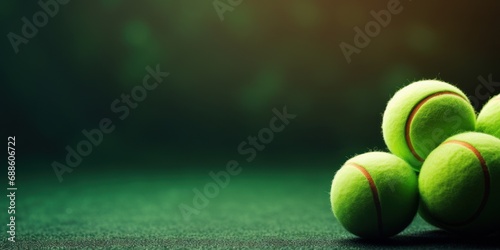 Sport Composition Tennis Ball On Tennis Grass Court, Green Background with Copy Space. Healthy Lifestyle Concept © sweet_mellow