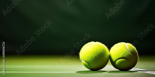 Two Tennis Balls On Green Tennis Court. Sport Composition Background with Copy Space. Healthy Lifestyle Concept © sweet_mellow
