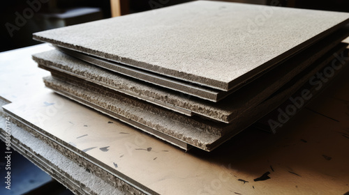 Thick cardboard lists from recycled pulp or pressed sawdust for construction, interior wall cladding and insulation. Stack of thick cardboard dsp from recycled paper for floor and wall cladding. photo